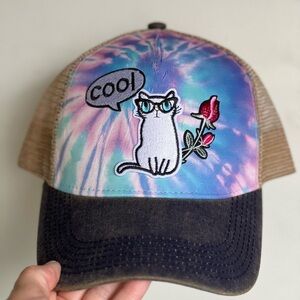Tie Dye Cool Cat Trucker Hat NEW Pink Purple blue Jean colored brim